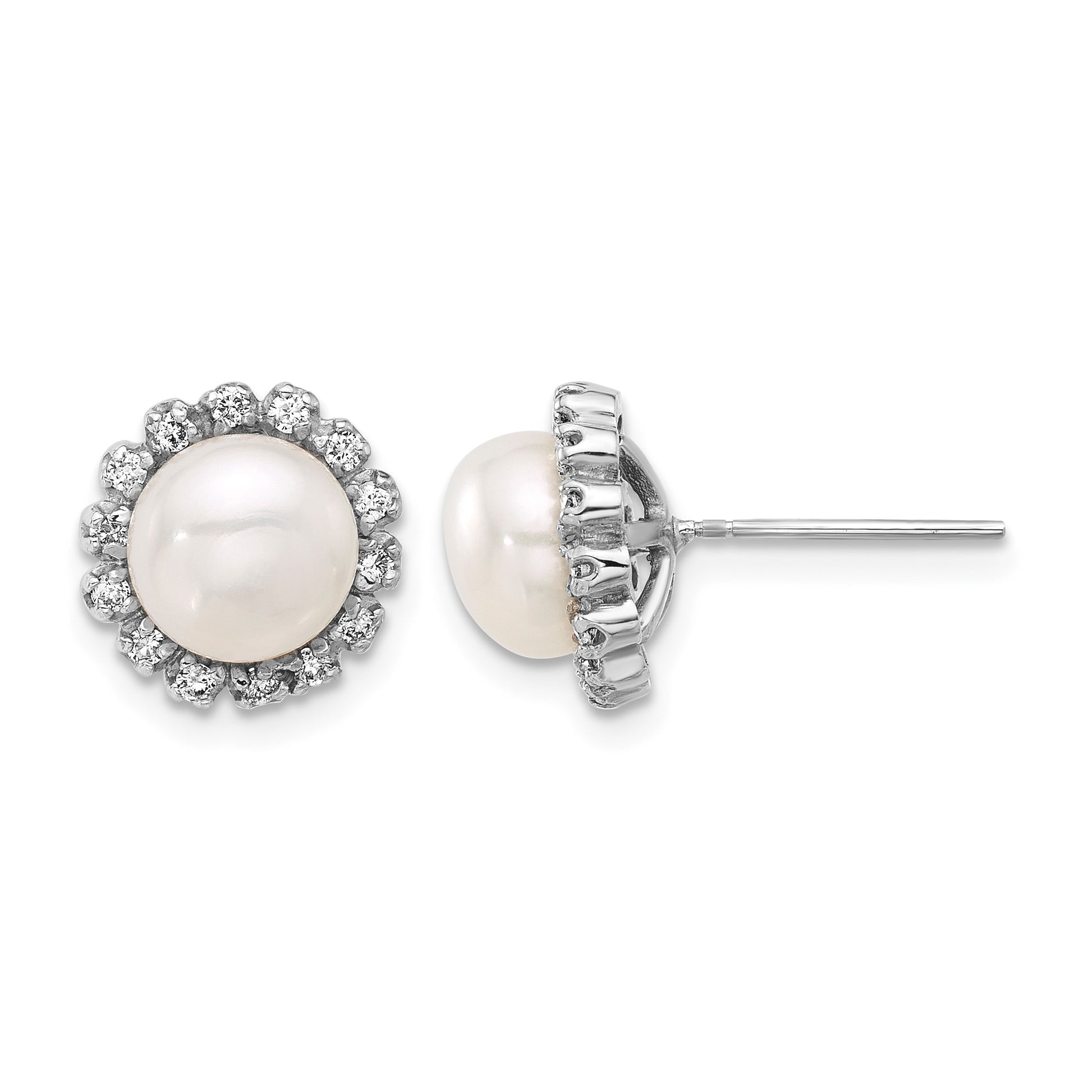 14k White Gold 7-8mm White Button Freshwater Cultured Pearl and .28 Carat Diamond Halo Post Earrings
