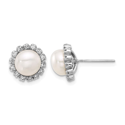 14k White Gold 7-8mm White Button Freshwater Cultured Pearl and .28 Carat Diamond Halo Post Earrings