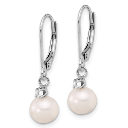 14k White Gold 7-8mm White Round Freshwater Cultured Pearl and .10 Carat Diamond Dangle Leverback Earrings