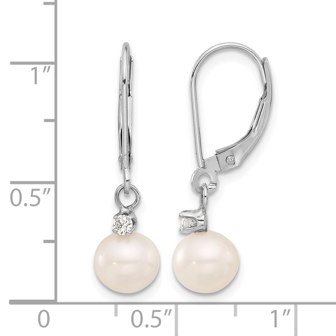 14k White Gold 7-8mm White Round Freshwater Cultured Pearl and .10 Carat Diamond Dangle Leverback Earrings