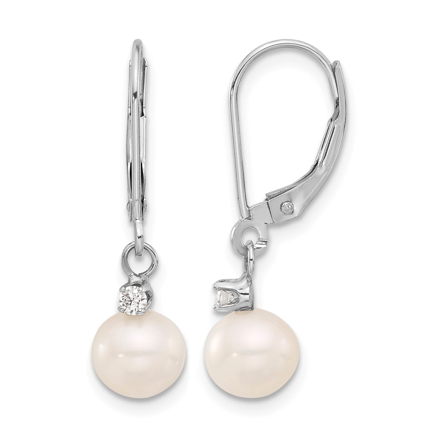 14k White Gold 7-8mm White Round Freshwater Cultured Pearl and .10 Carat Diamond Dangle Leverback Earrings