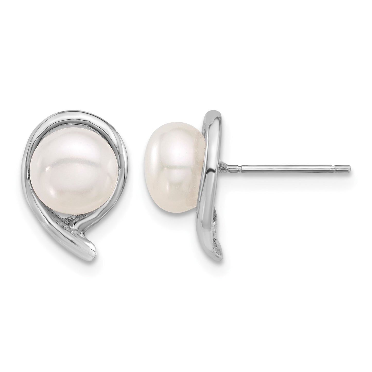 14k White Gold 7-8mm White Button Freshwater Cultured Pearl Post Earrings