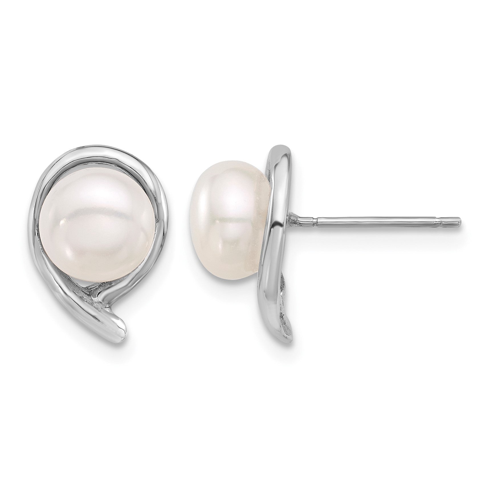 14k White Gold 7-8mm White Button Freshwater Cultured Pearl Post Earrings