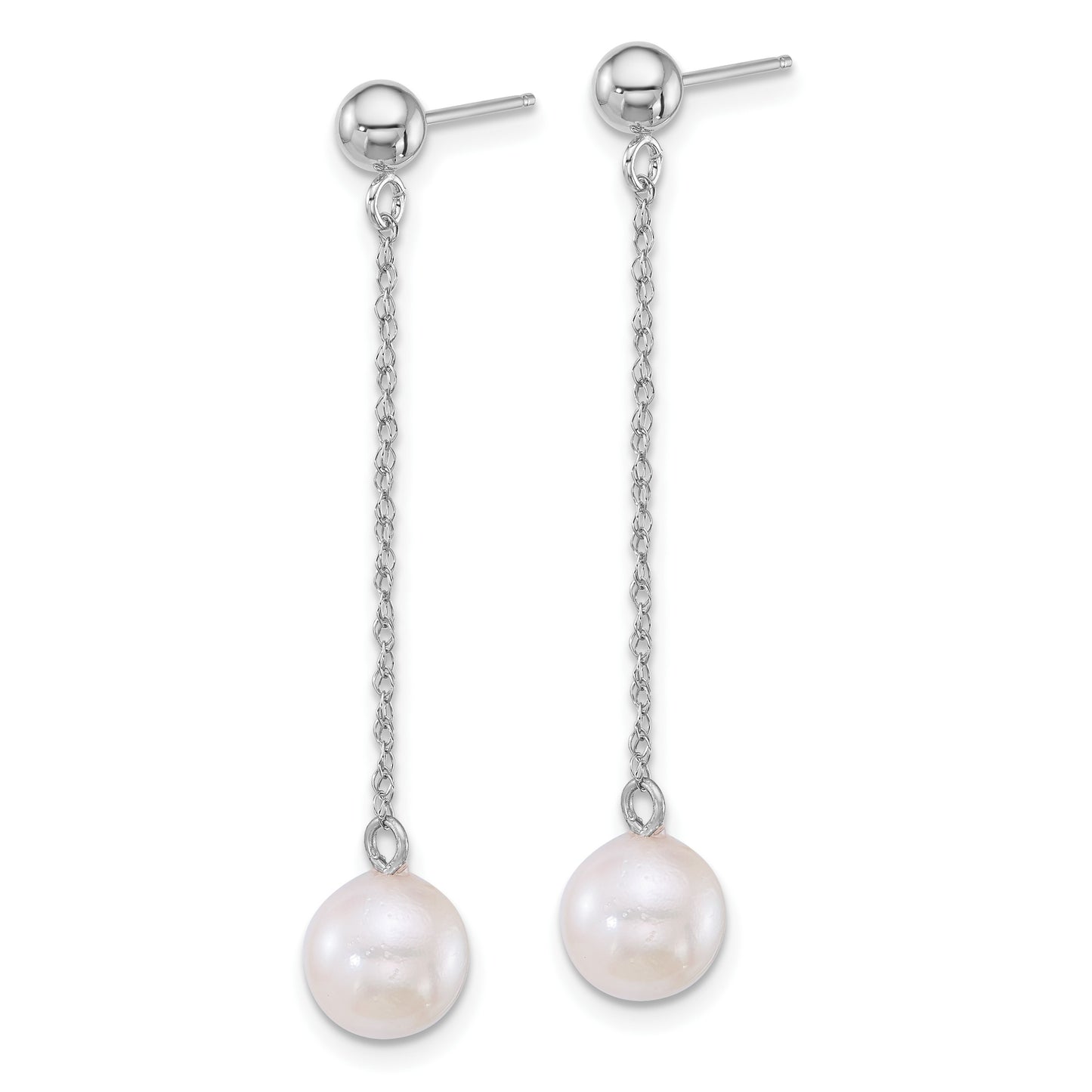 14k White Gold Polished 6.5-7mm White Round Akoya Saltwater Cultured Pearl Chain Dangle Post Earrings