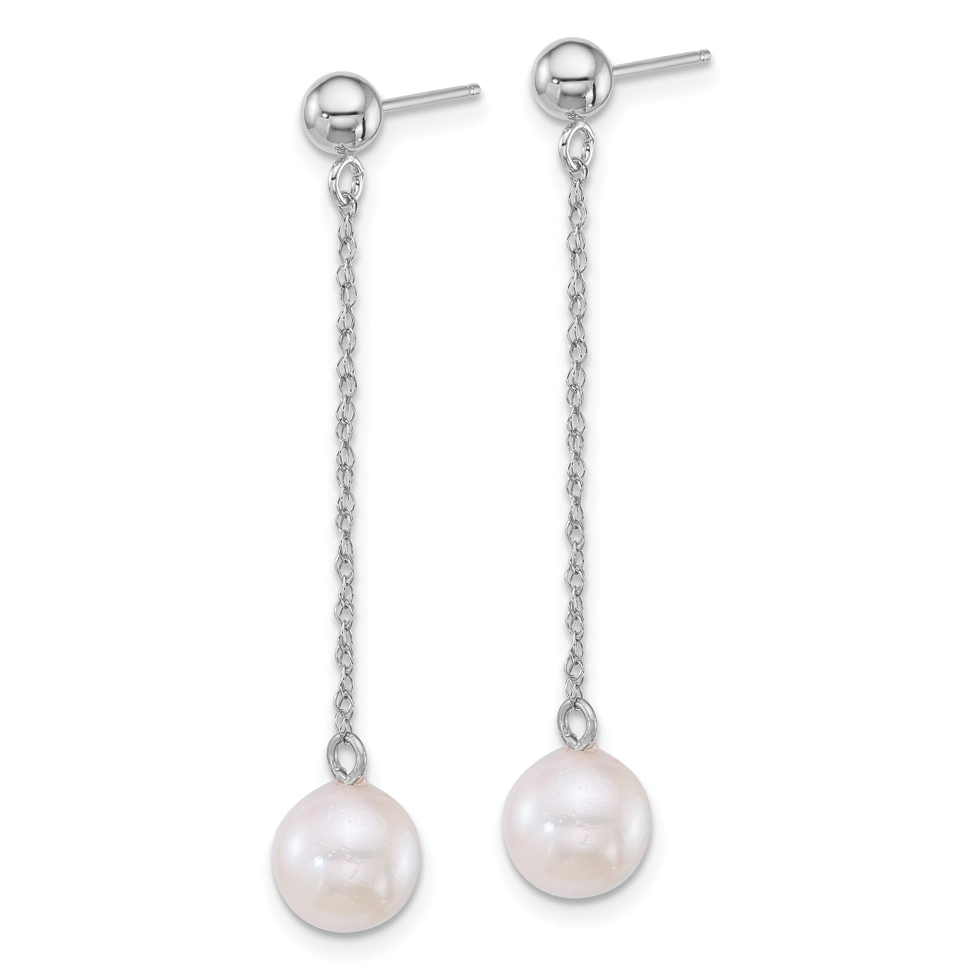 14k White Gold Polished 6.5-7mm White Round Akoya Saltwater Cultured Pearl Chain Dangle Post Earrings