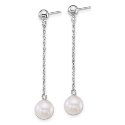 14k White Gold Polished 6.5-7mm White Round Akoya Saltwater Cultured Pearl Chain Dangle Post Earrings