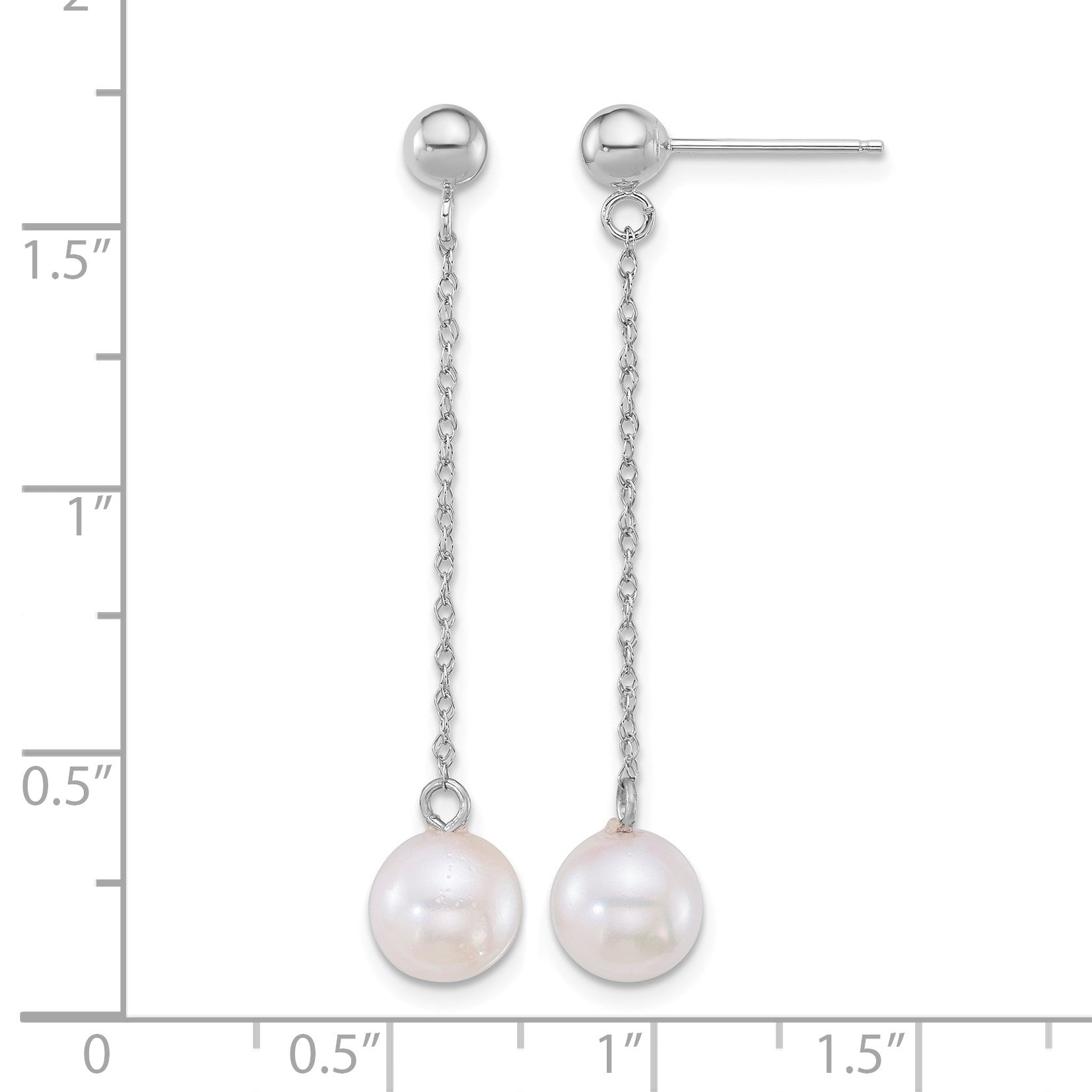 14k White Gold Polished 6.5-7mm White Round Akoya Saltwater Cultured Pearl Chain Dangle Post Earrings