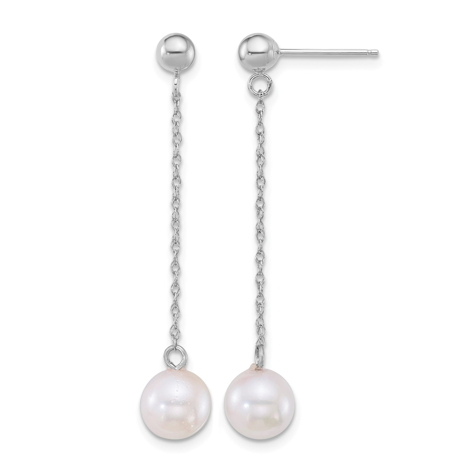 14k White Gold Polished 6.5-7mm White Round Akoya Saltwater Cultured Pearl Chain Dangle Post Earrings