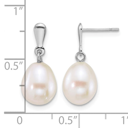 14k White Gold Polished 8-9mm Rice White Freshwater Cultured Pearl Dangle Post Earrings
