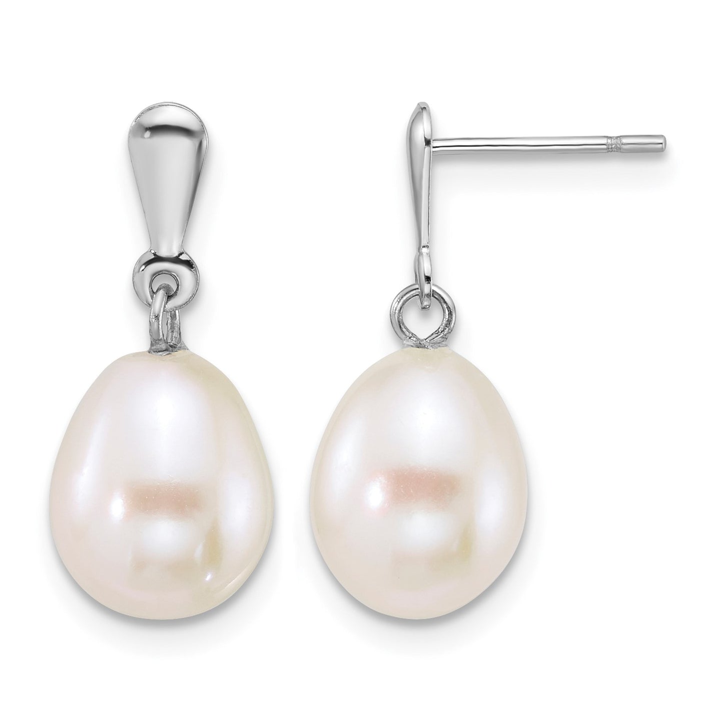 14k White Gold Polished 8-9mm Rice White Freshwater Cultured Pearl Dangle Post Earrings