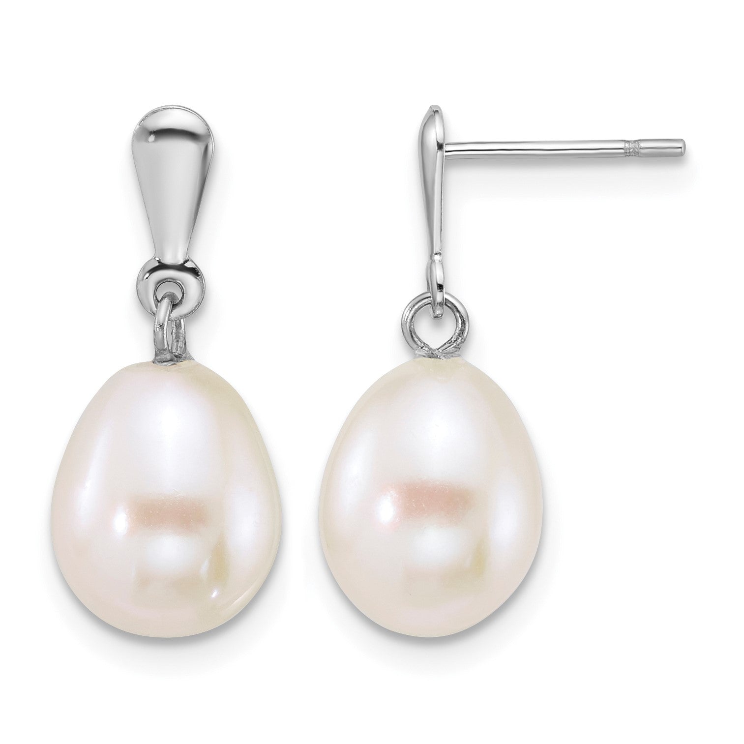 14k White Gold Polished 8-9mm Rice White Freshwater Cultured Pearl Dangle Post Earrings