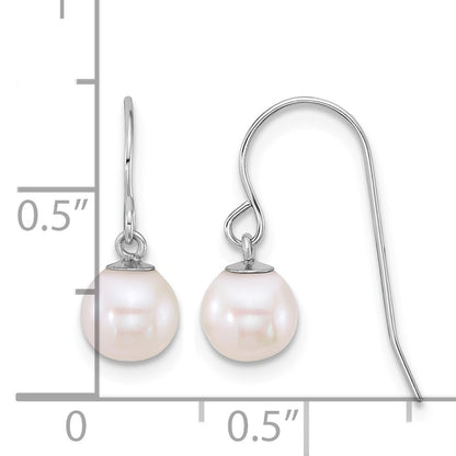 14k White Gold Polished 6-7mm Round White Freshwater Culture Pearl Dangle Shepherd Hook Earrings