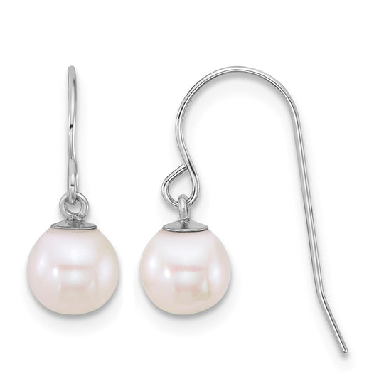 14k White Gold Polished 6-7mm Round White Freshwater Culture Pearl Dangle Shepherd Hook Earrings