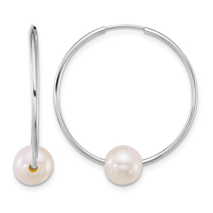 14k White Gold Polished 6-7mm Semi-Round White Freshwater Cultured Pearl Endless Hoop Earrings