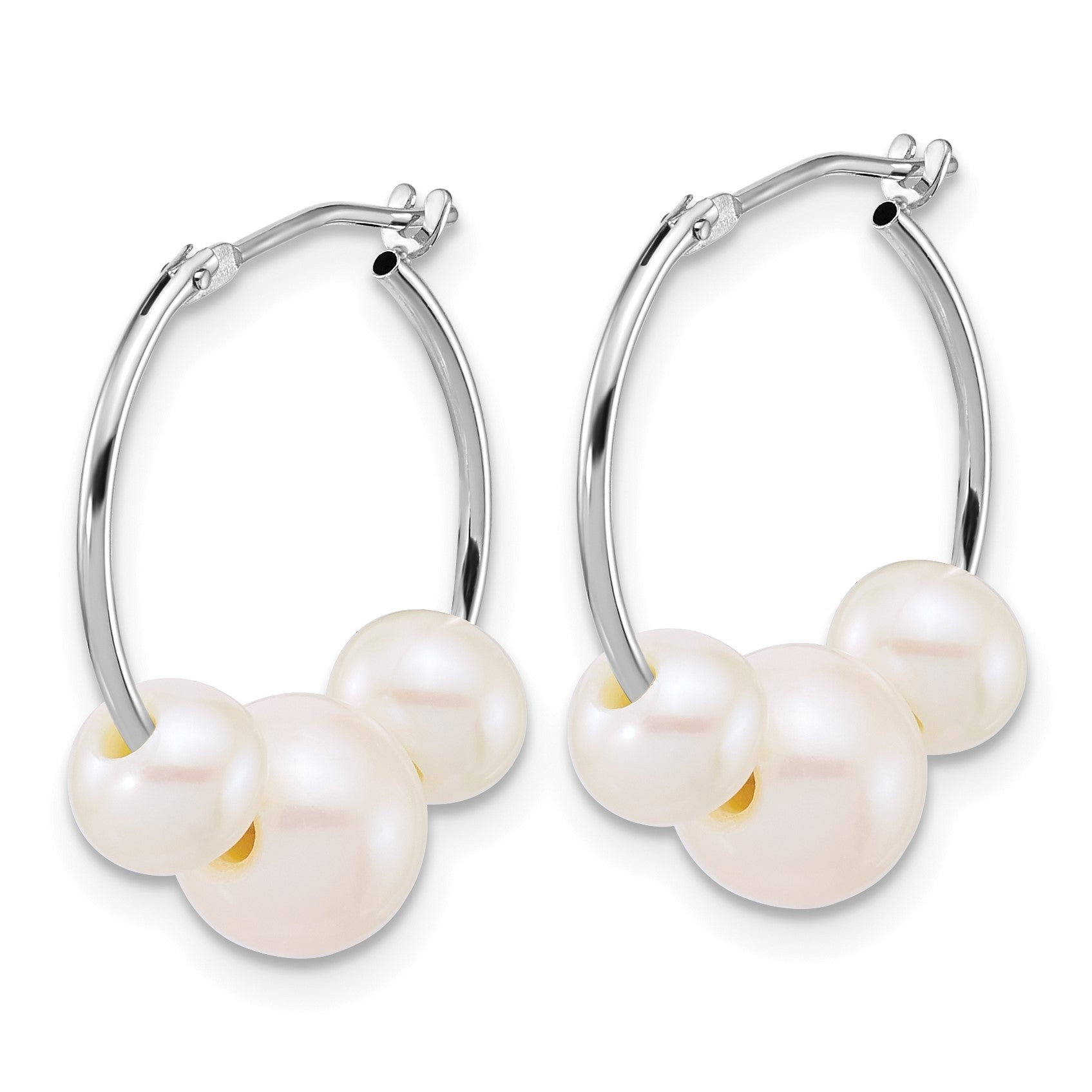 14K White Gold Polished 6-8mm Semi-Round White Freshwater Cultured 3-Pearl Hoop Earrings