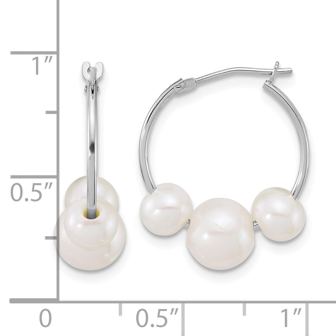 14K White Gold Polished 6-8mm Semi-Round White Freshwater Cultured 3-Pearl Hoop Earrings