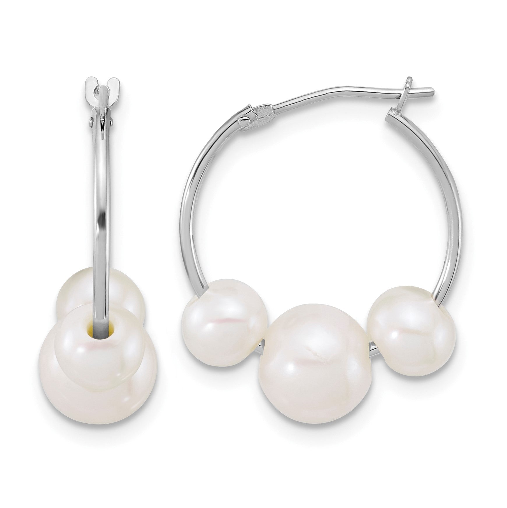 14K White Gold Polished 6-8mm Semi-Round White Freshwater Cultured 3-Pearl Hoop Earrings