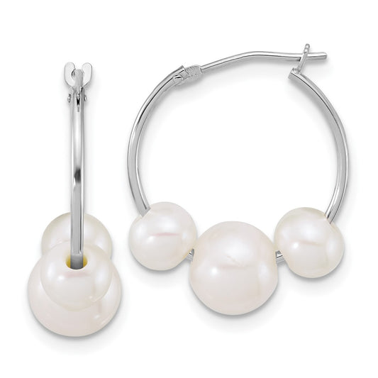 14K White Gold 6-8mm White Semi-Round Freshwater Cultured Pearl Hoop Earrings