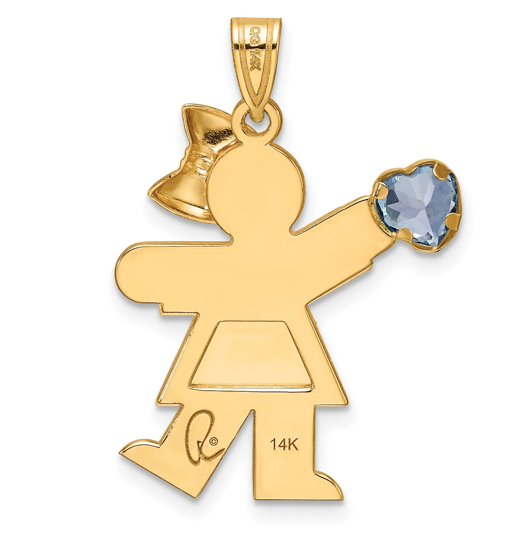14k The Kids Girl with Light Blue CZ March Birthstone Engravable Kiss Charm