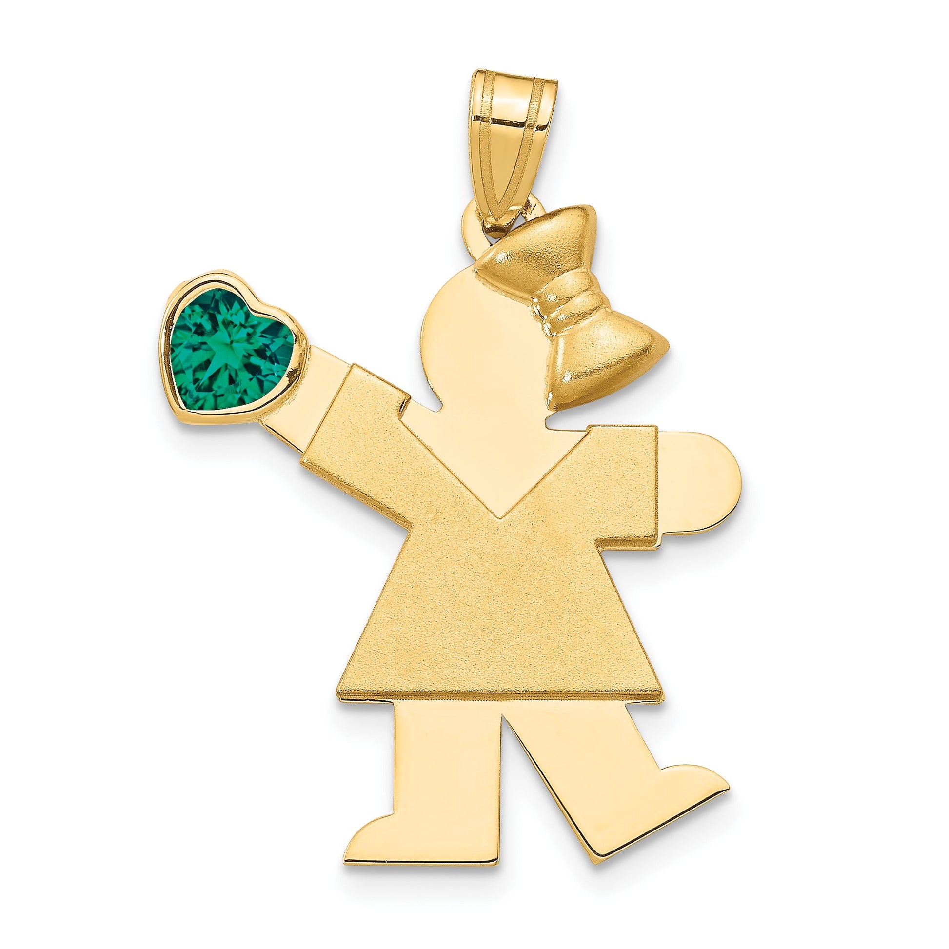 14k The Kids Girl with Green CZ May Birthstone Engravable Kiss Charm
