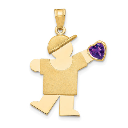 14k The Kids Boy with Purple CZ February Birthstone Engravable Kiss Charm