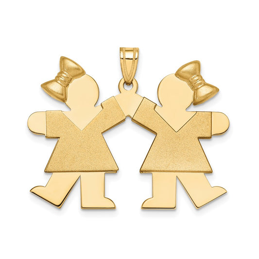 14k Solid Engravable Large Double Girls with Bows Charm