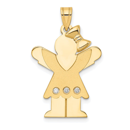 14k The Kids Medium Girl with Ruffles and Bow on Right AA Diamond Love Pendant