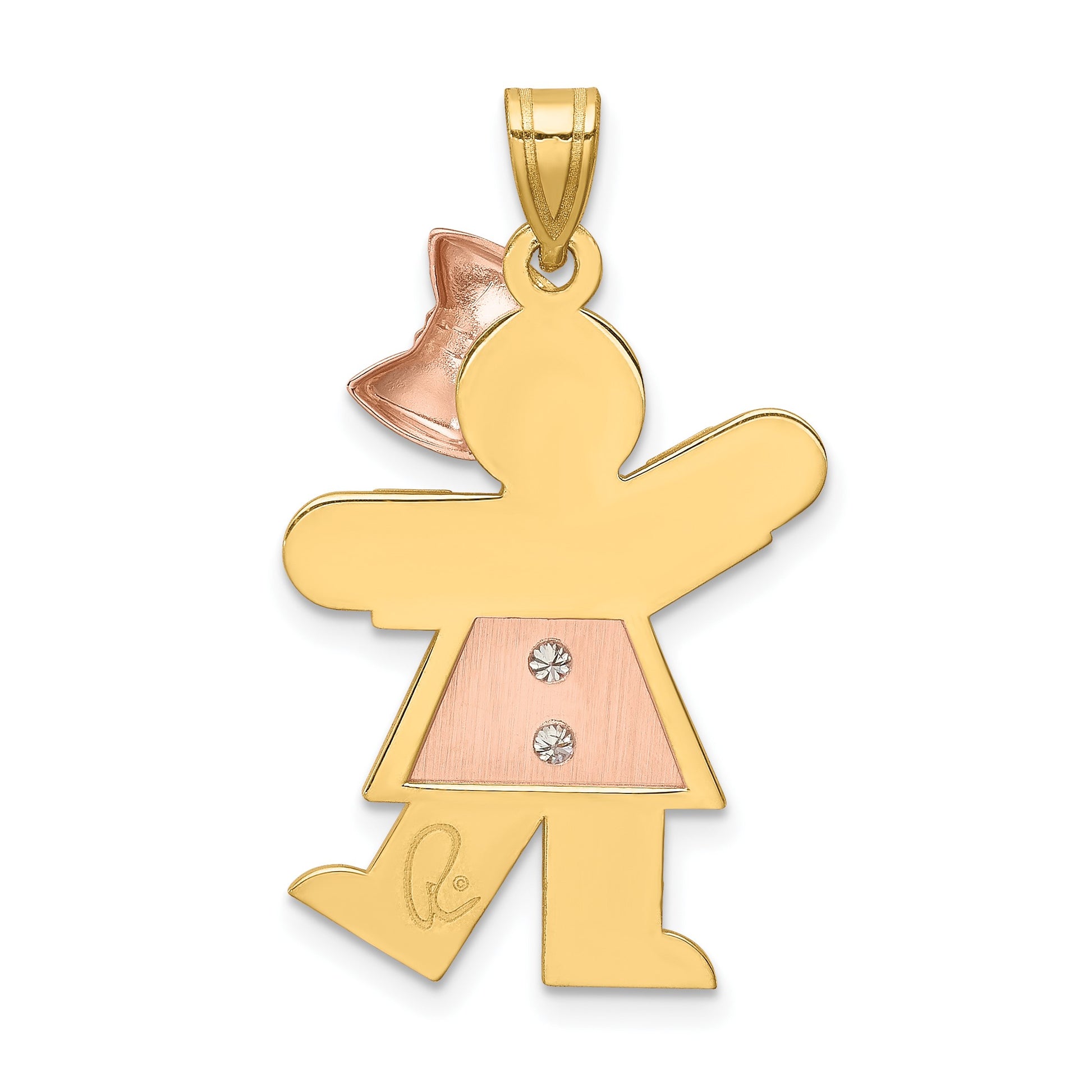 14k Two-tone The Kids Medium Girl with Bow on Right AA Diamond Kiss Pendant