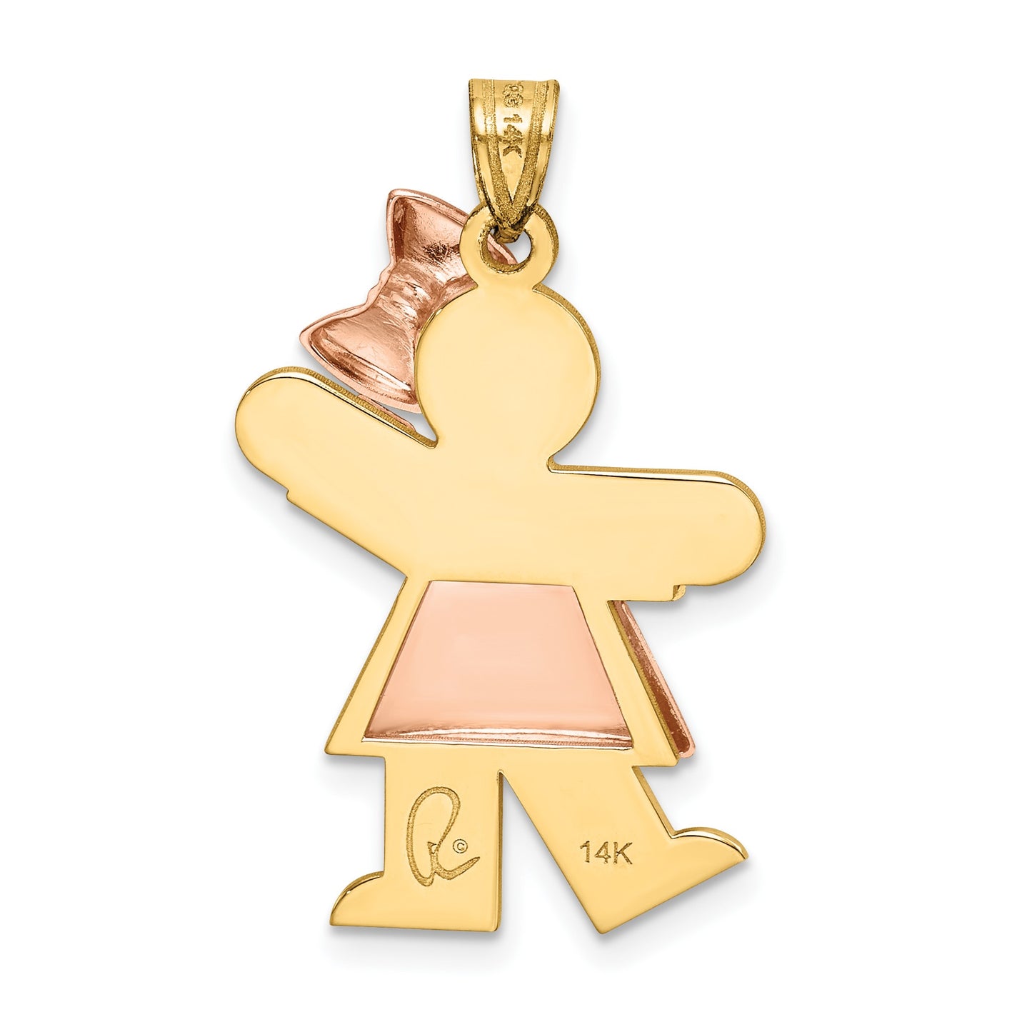 14k Two-tone The Kids Medium Puffed Girl with Bow on Right Engravable Kiss Charm