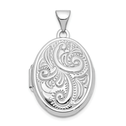 14k White Gold Scroll Design Domed 21mm Oval Locket