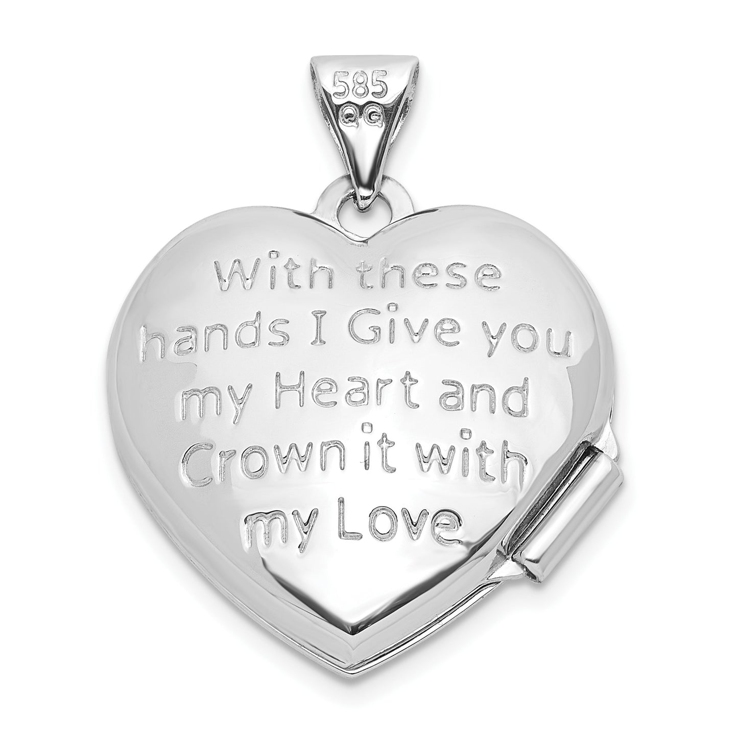 14k White Gold Diamond Claddagh with Poem on Reverse 18mm Heart Locket