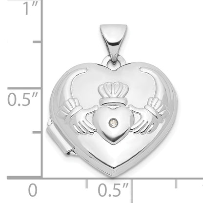 14k White Gold Diamond Claddagh with Poem on Reverse 18mm Heart Locket