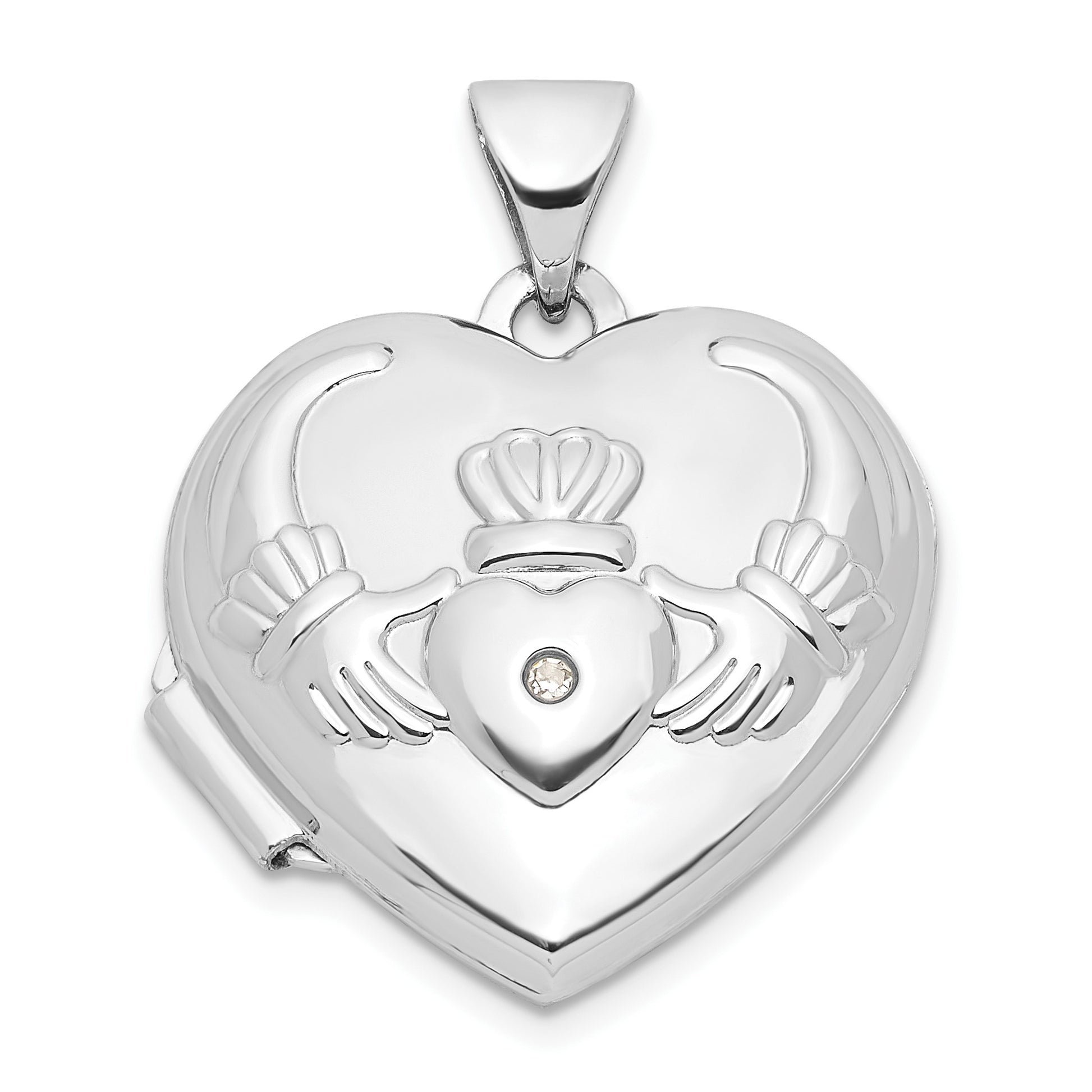 14k White Gold Diamond Claddagh with Poem on Reverse 18mm Heart Locket