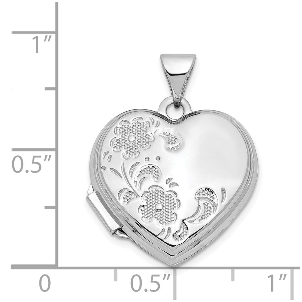 14K White Gold Polished Floral 18mm Heart Locket