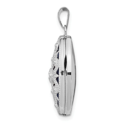 14K White Gold Diamond Vintage Filigree with Blue Fabric Interior 21mm Oval Locket