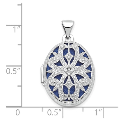 14K White Gold Diamond Vintage Filigree with Blue Fabric Interior 21mm Oval Locket