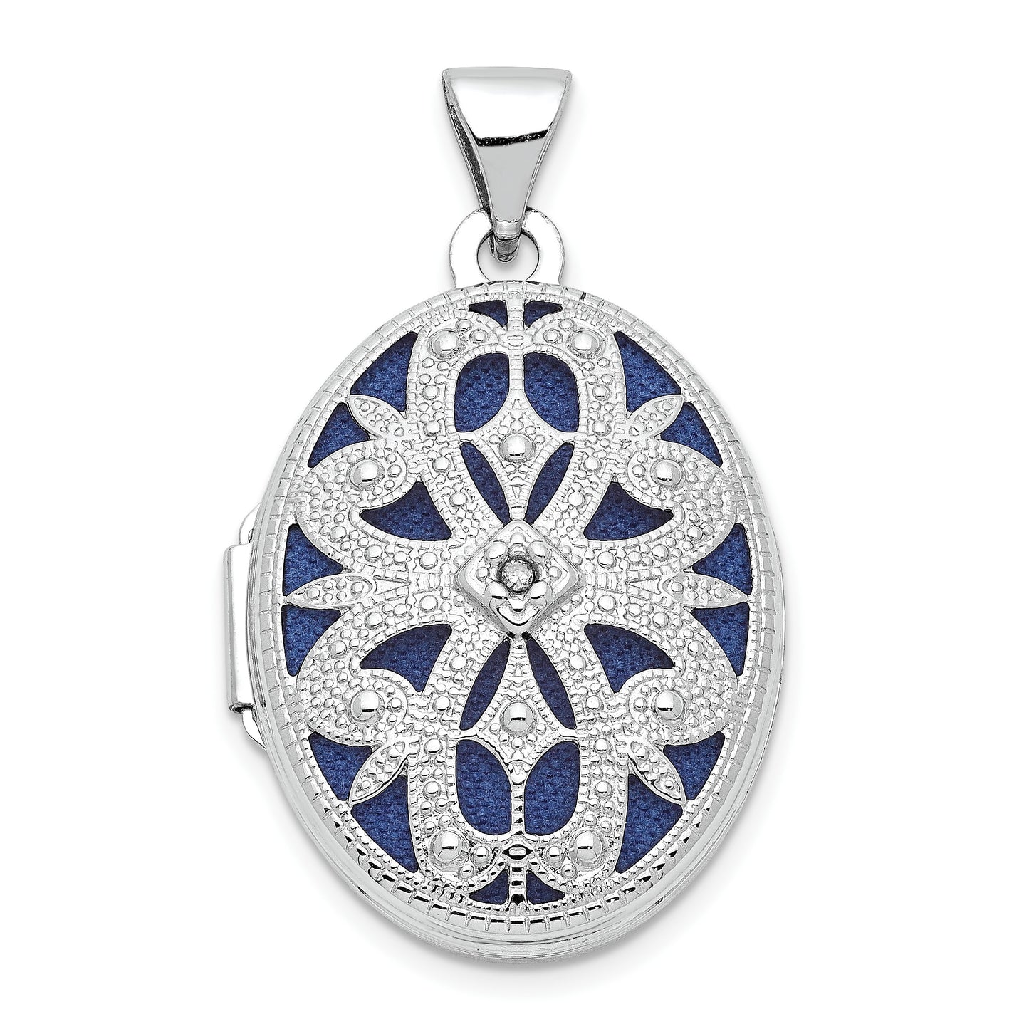 14K White Gold Diamond Vintage Filigree with Blue Fabric Interior 21mm Oval Locket