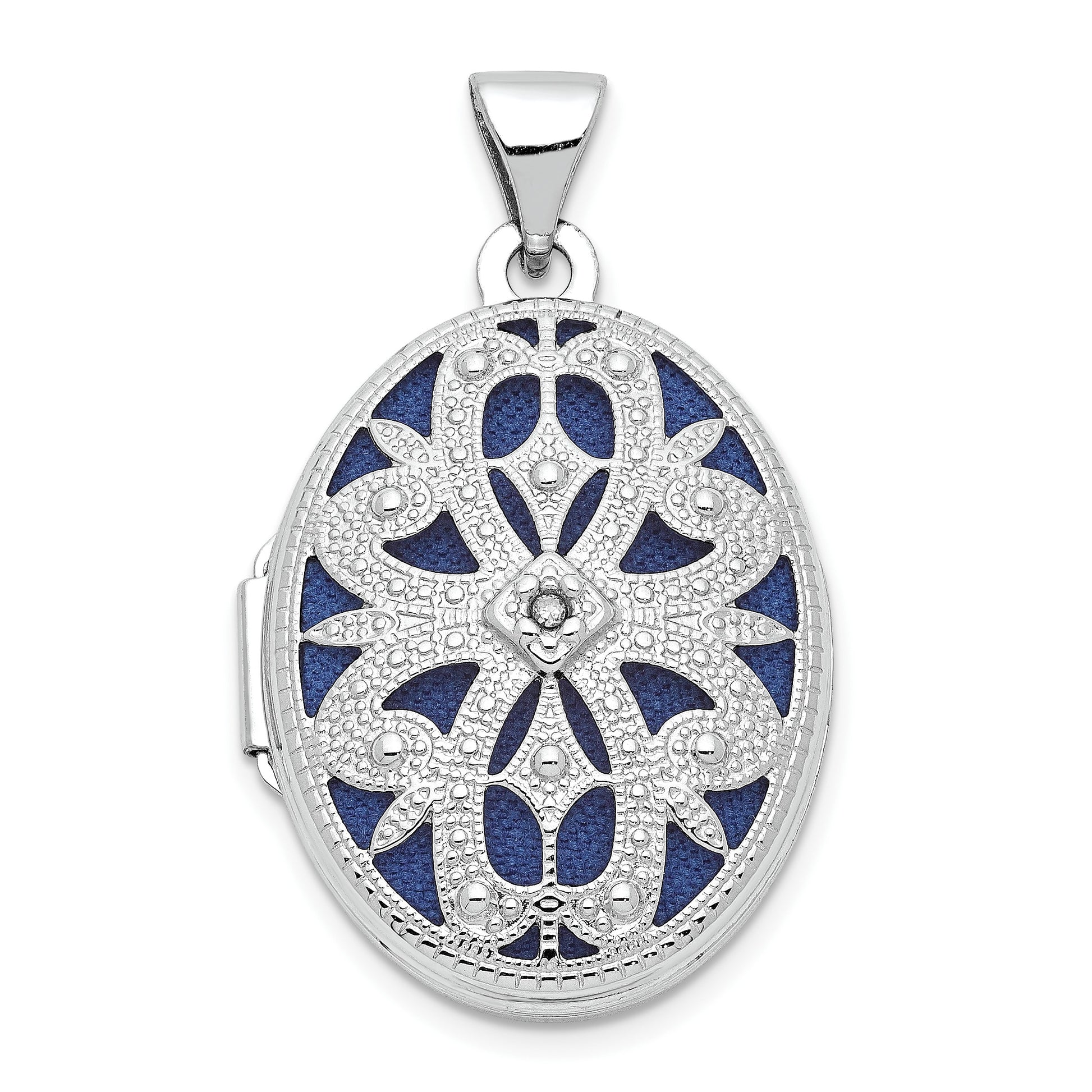 14K White Gold Diamond Vintage Filigree with Blue Fabric Interior 21mm Oval Locket