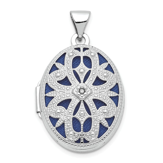 14K White Gold Diamond Vintage Filigree with Blue Fabric Interior 21mm Oval Locket
