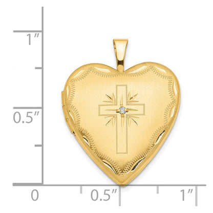14k Diamond Satin and Diamond-cut Cross 20mm Heart Locket