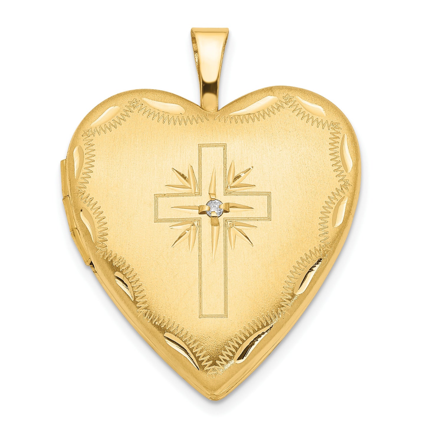 14k Diamond Satin and Diamond-cut Cross 20mm Heart Locket
