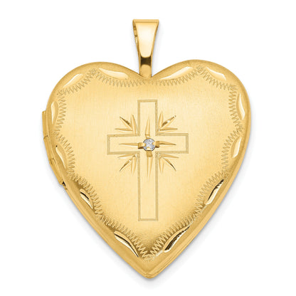 14k Diamond Satin and Diamond-cut Cross 20mm Heart Locket