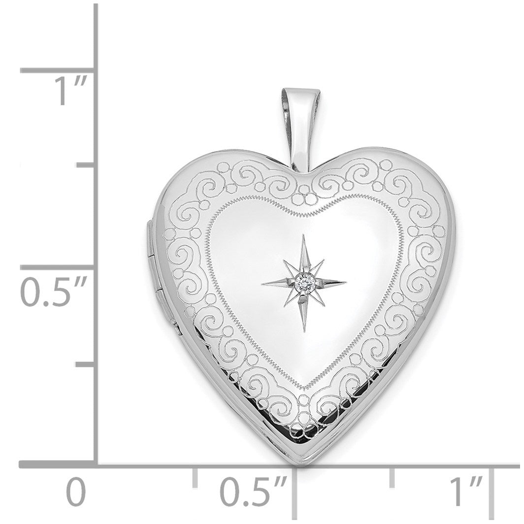 14K White Gold Diamond Star with Side Swirl Edge 20mm Heart Locket