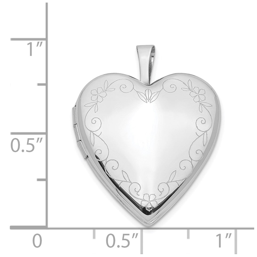 14K White Gold Floral Vine Border 20mm Heart Locket