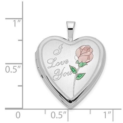 14K White Gold Pink and Green Enamel Rose I LOVE YOU Script 20mm Heart Locket
