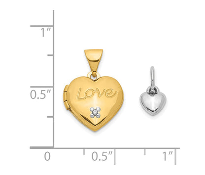 14k Two-tone Diamond LOVE with Poem on Reverse with Heart Charm 12mm Heart Locket