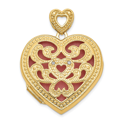 14k Diamond Vintage Filigree with Pink Fabric Interior 24mm Heart Locket