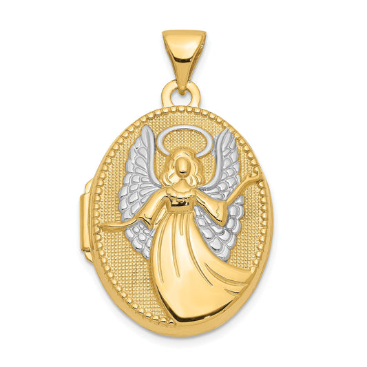 14k with White Rhodium Guardian Angel with Poem on Reverse 21mm Oval Locket