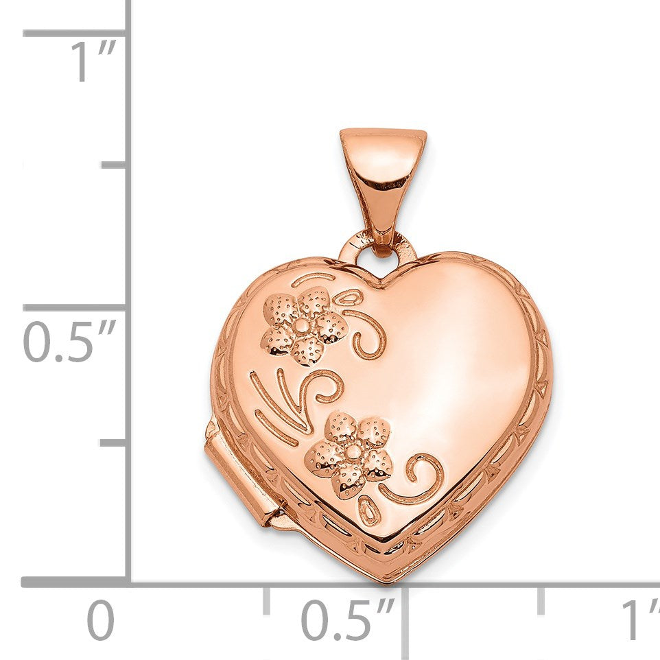 14k Rose Gold Floral Reverses to LOVE YOU ALWAYS Script 15mm Heart Locket
