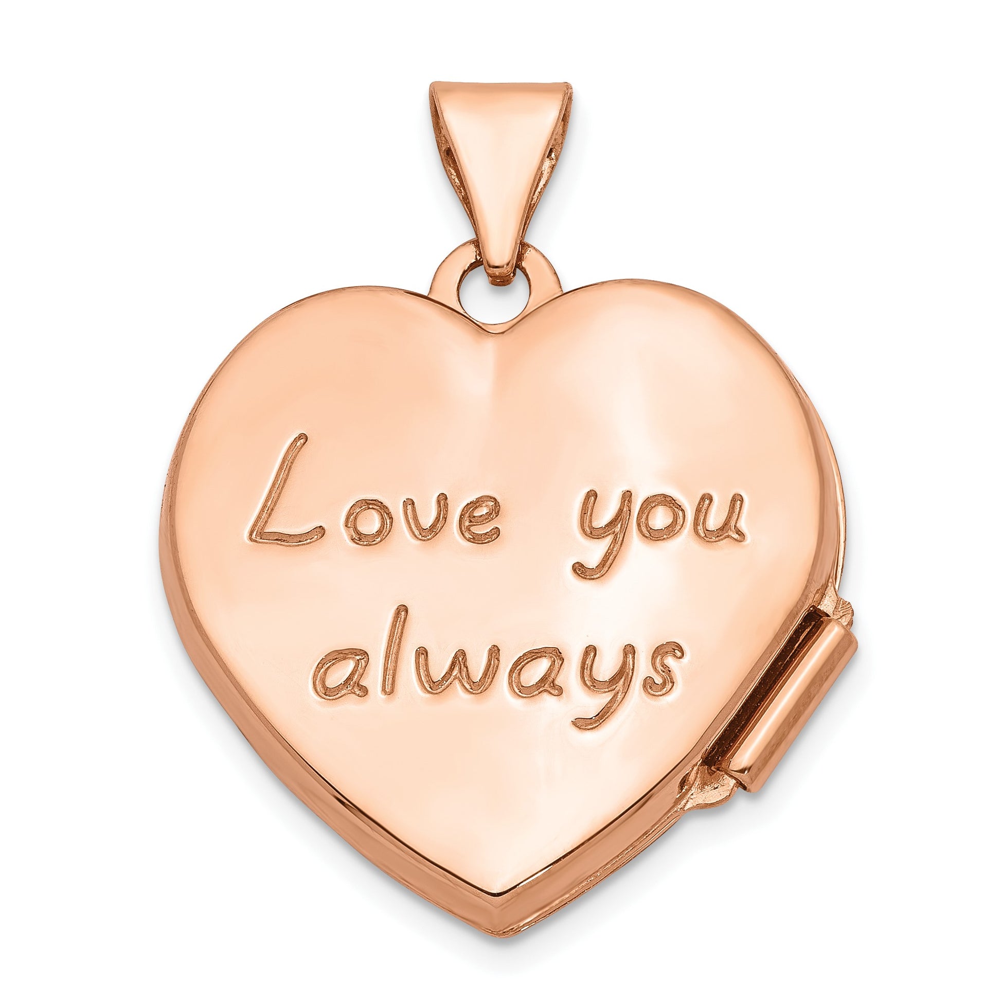 14k Rose Gold Scrolled Design Reverses to LOVE YOU ALWAYS Script 18mm Heart Locket